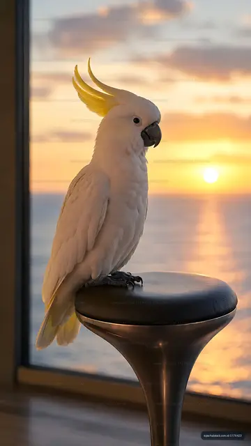 Cockatoo perched on a stool by a sunset over the ocean