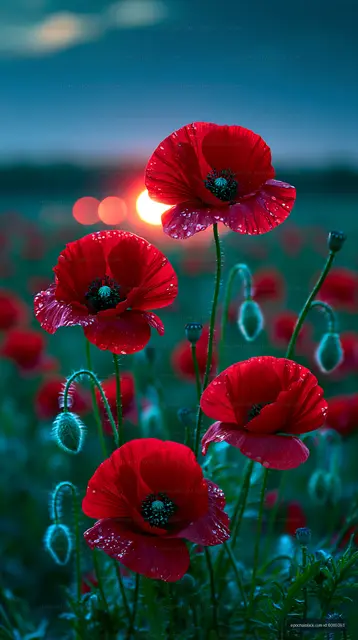 Red poppies blooming in a field during sunset