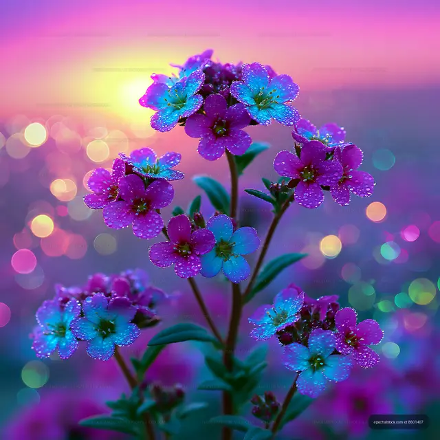 Colorful flowers with dew against a vibrant sunset background
