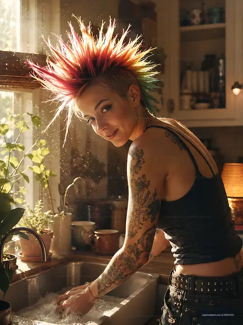 Person with colorful hair washing dishes in a bright kitchen