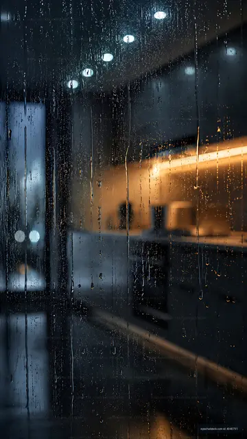 Rain droplets on a dirty glass window in a kitchen at night