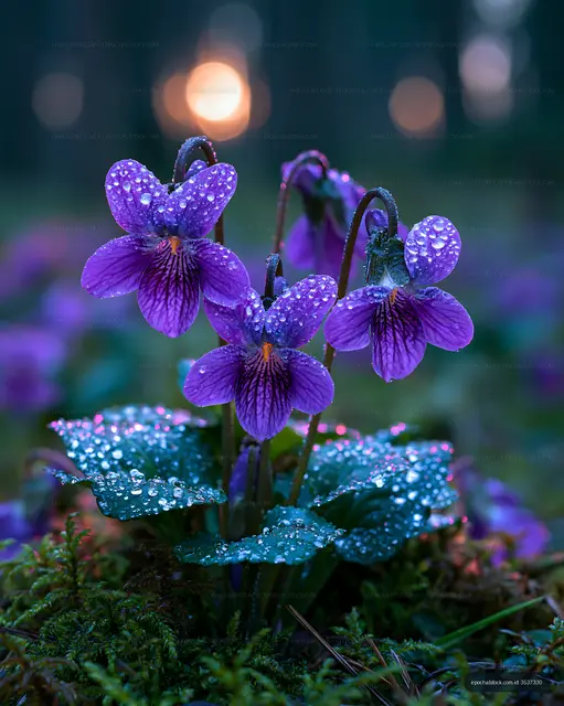 Purple flowers with water droplets in the forest at sunset