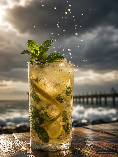 Mojito cocktail with mint leaves on wooden table by the beach