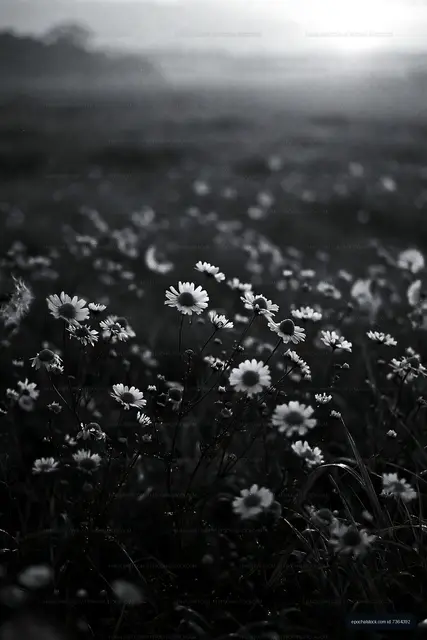 Flowers in a field at sunset in black and white