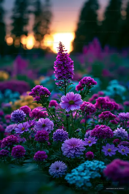 Vibrant flowers at sunset in a garden