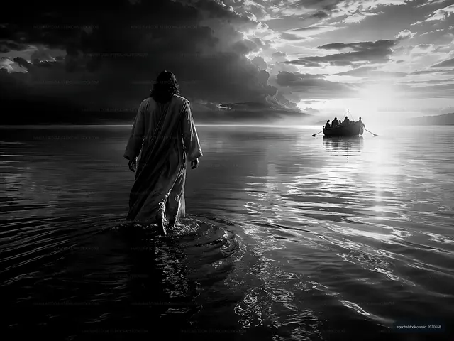 Person walking on water toward a boat in a lake at sunset