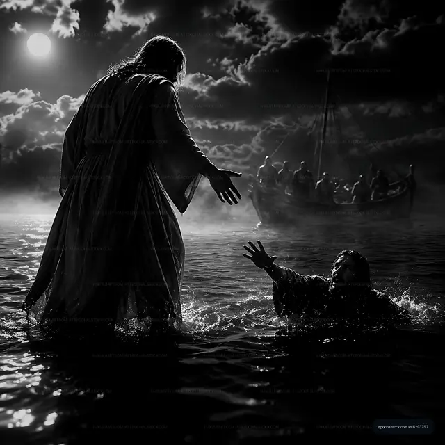Man reaching for help in dark water with a figure nearby