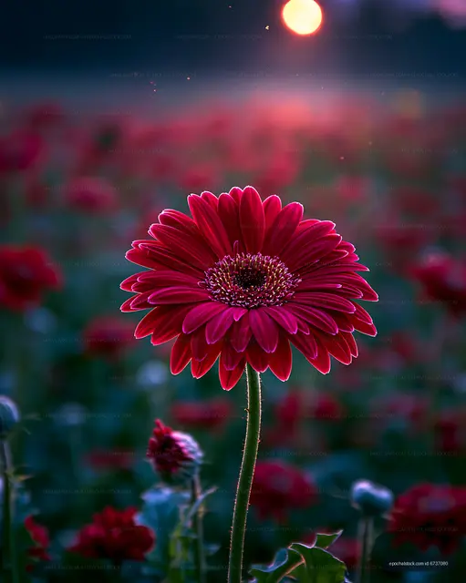 Red flower stands in a field at sunset