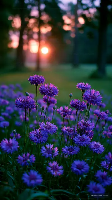 Sunset over a field of purple flowers with trees in the background