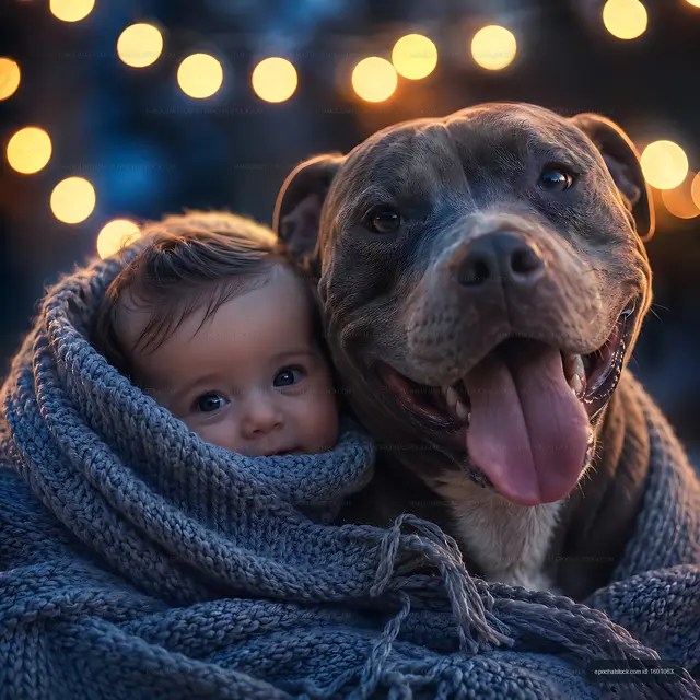 Baby and dog wrapped in blanket with lights in background