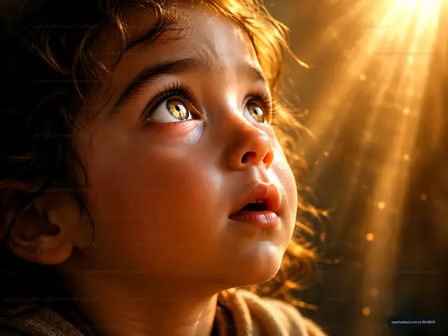Child looking up at sunlight with wonder