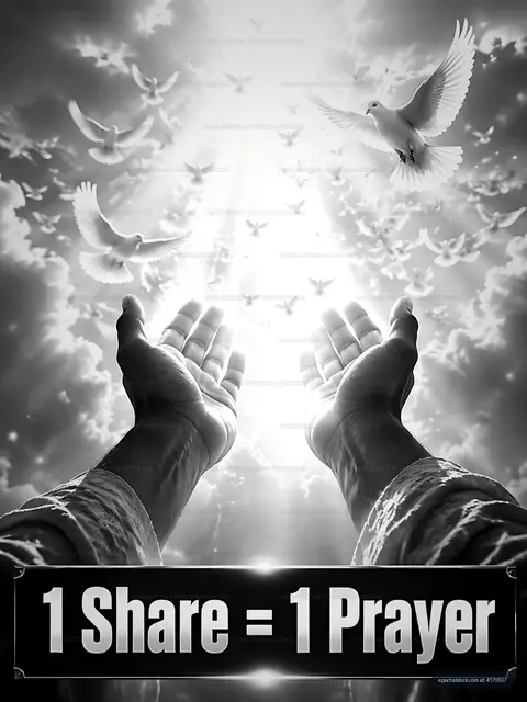Hands raised to the sky with doves in a bright scene