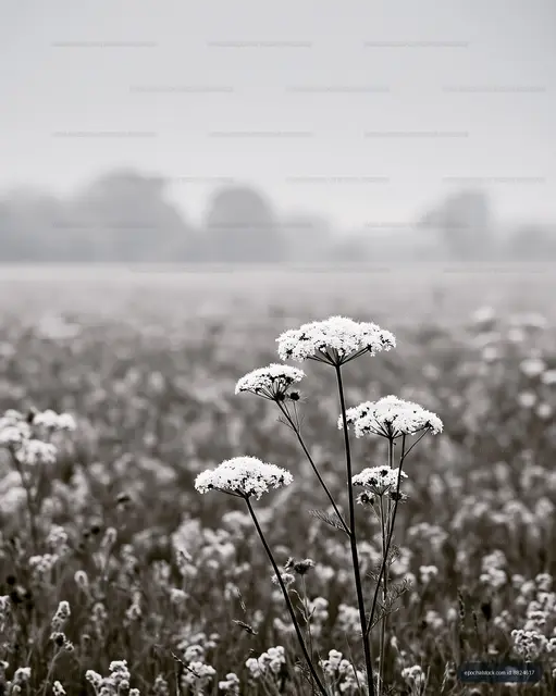 Flowers in a field during foggy weather
