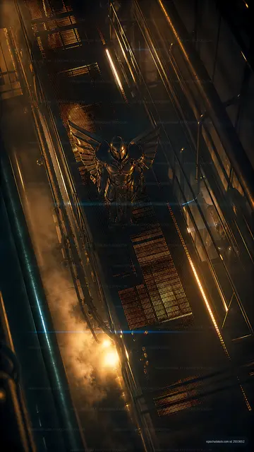 Golden figure with wings stands on a walkway in an industrial setting