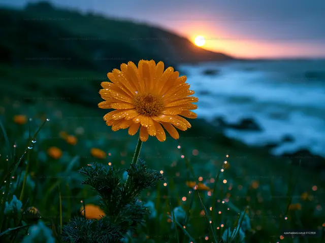 Yellow flower with droplets in front of ocean sunset