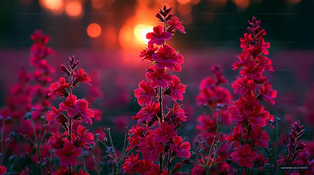 Colorful flowers in a field during sunset