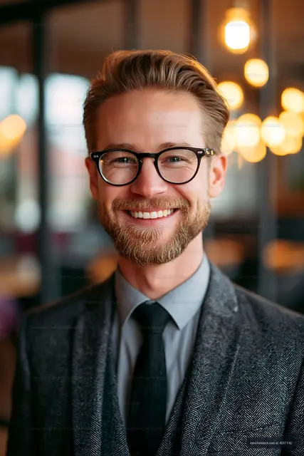Man with glasses smiles in a modern indoor setting