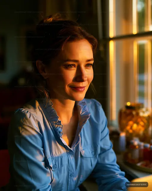 Woman sitting by window in warm light