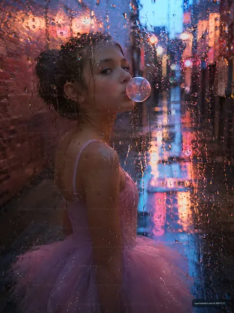 Girl in a pink tutu blowing bubble gum in city alley