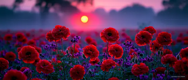 Red poppy flowers in a field during sunset