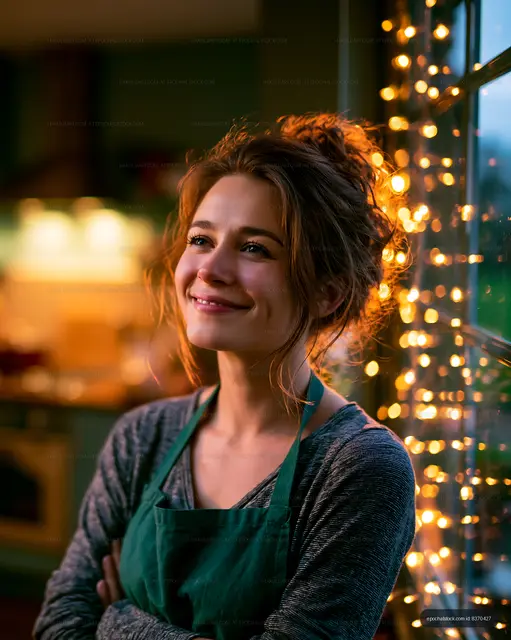 Smiling woman in apron stands by window with fairy lights