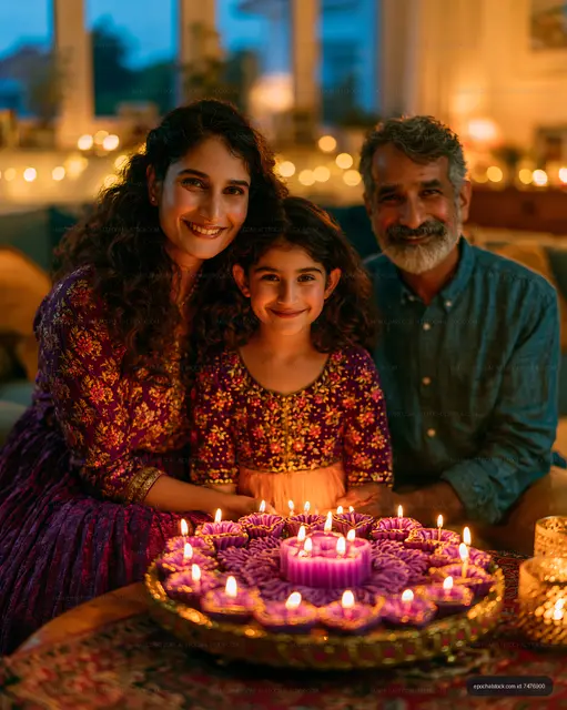Family celebration with candles and lights in cozy indoor setting