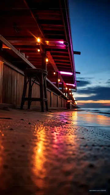 Evening at beach bar with colorful lights and wet sand