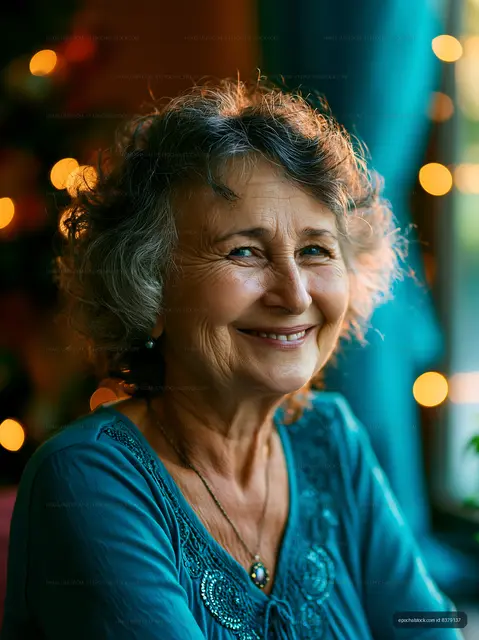 Smiling woman with curly gray hair indoors with warm lights