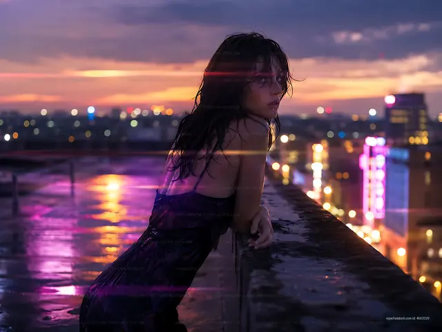 Woman on rooftop at sunset with city lights in background