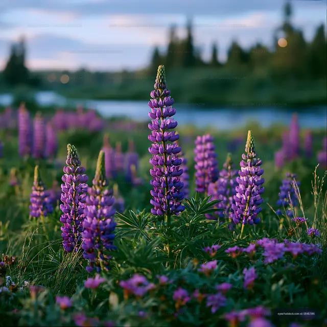Purple flowers in a meadow near a river at dusk