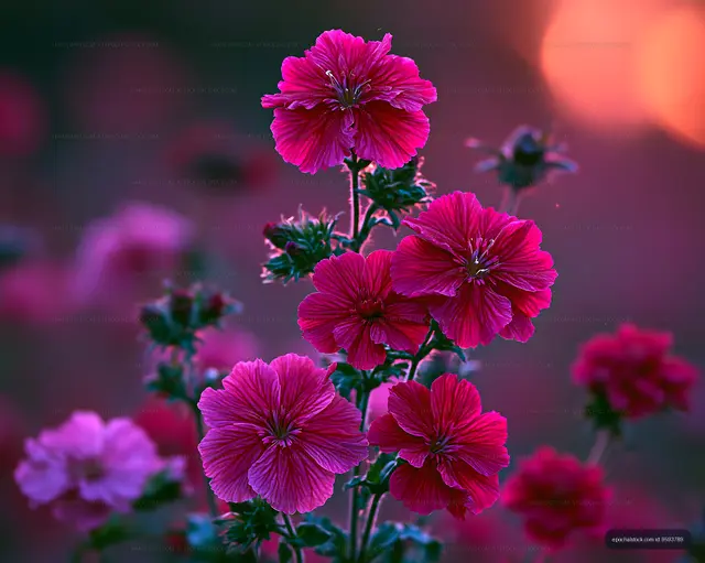 Colorful flowers blooming in a garden at sunset