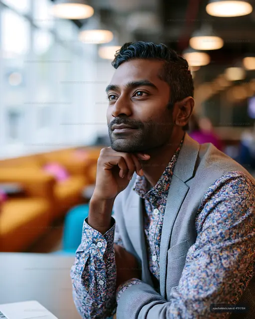 Man thinking while sitting in modern cafe