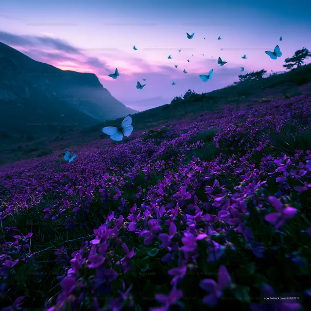 Butterflies flying over purple flowers in hills at dusk