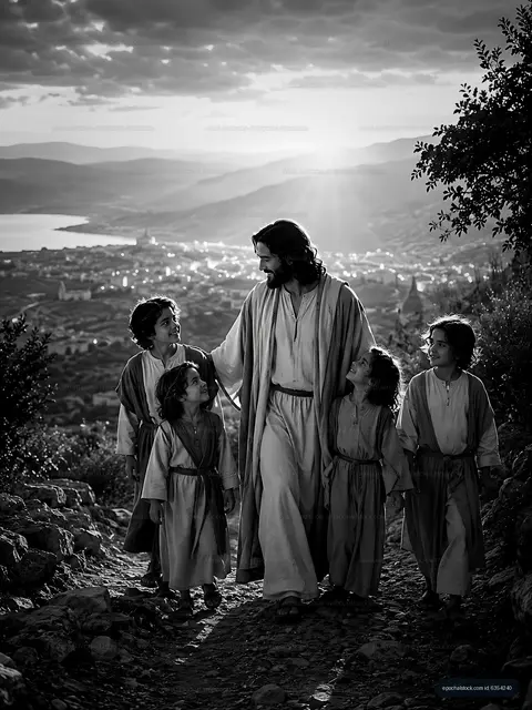 Walking on a path with children in a scenic landscape