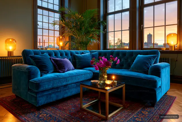 Cozy living room with blue sofa and sunset view from windows
