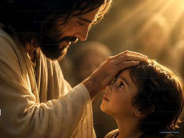 Jesus interacting with a child in a warm setting