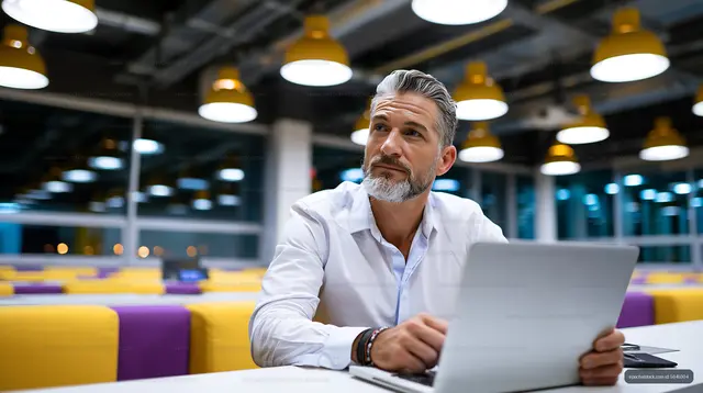 Man working on laptop in modern coworking space