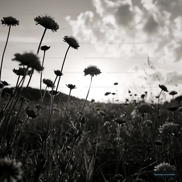 Flowers silhouetted against a sunset sky in a field