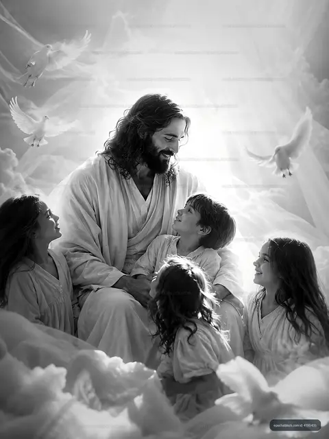 Jesus surrounded by children with doves in a soft light