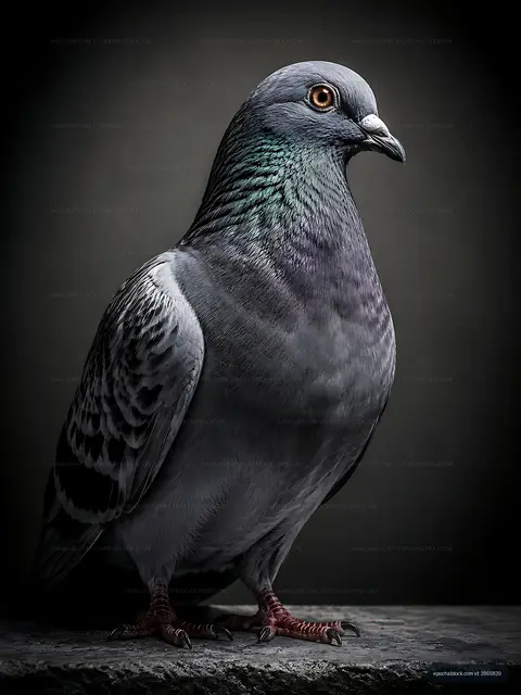 Close-up of a gray pigeon standing on a stone surface