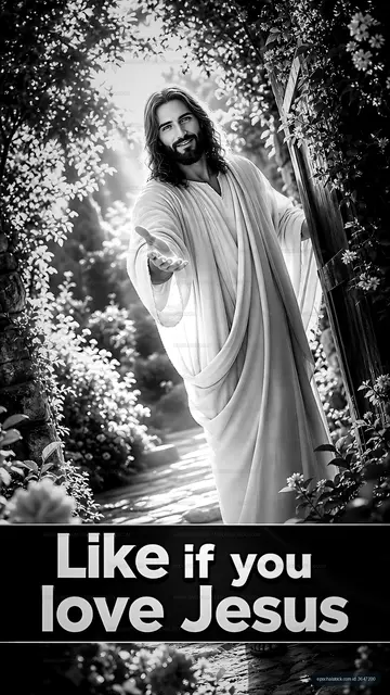 Christ standing in a garden with open arms