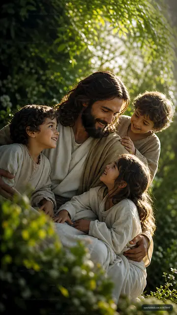 Father with three children in a garden enjoying time together
