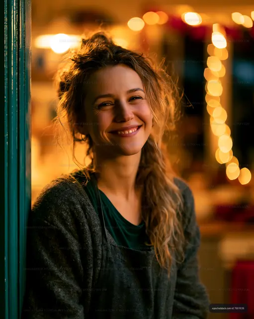 Smiling woman stands near a doorway in warm light