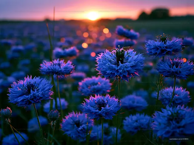Blue flowers bloom at sunset in a field