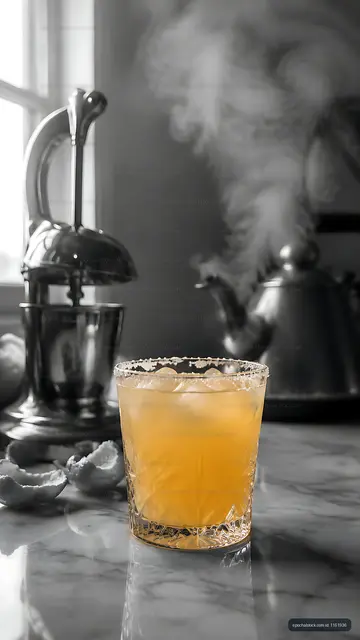 Refreshing cocktail on a marble countertop with kitchen tools