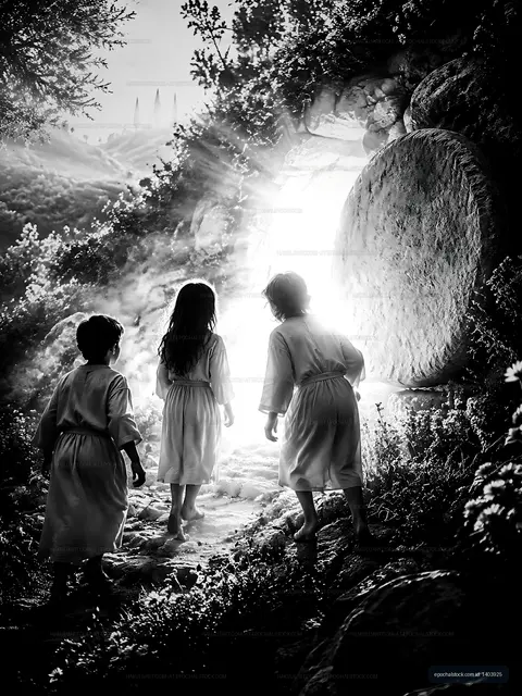 Children walking towards a bright light from a cave entrance