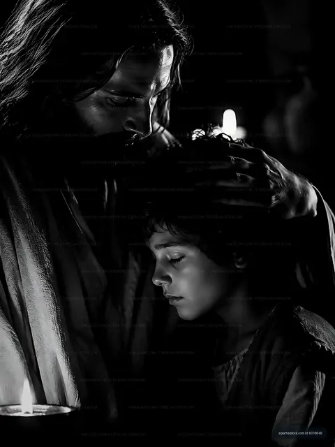 Father and son share a quiet moment by candlelight
