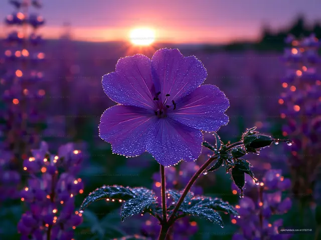 Purple flower with dew at sunset in a field
