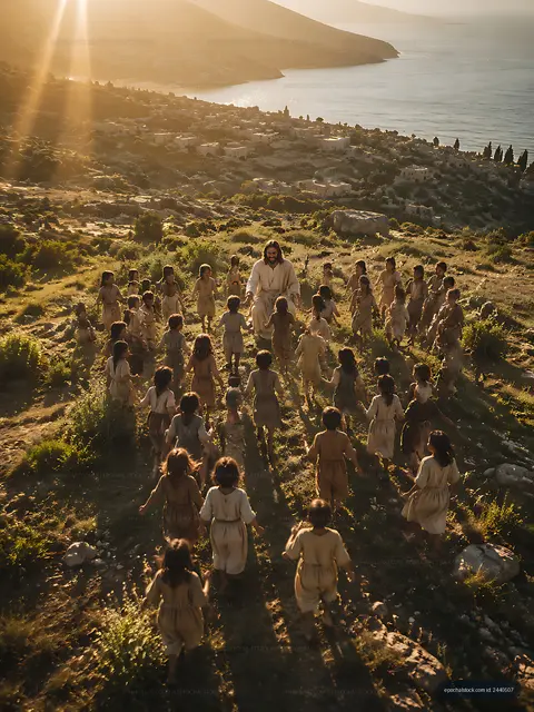 Crowd of children gathered around a figure on a hillside