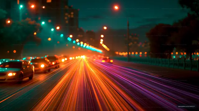 Traffic lights blur on a city road at night